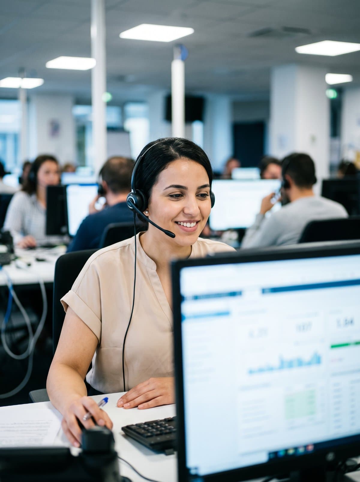 Téléconseillère au casque sur le plateau de télévente